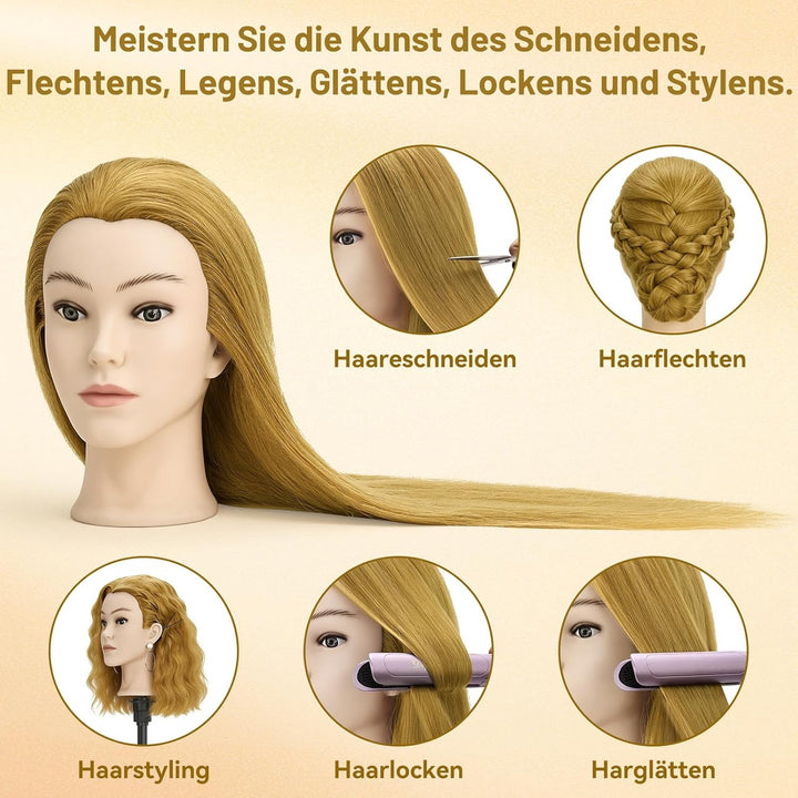 TwoWin Friseurkopf Echthaar mit Ohrlöchern, 60 cm (24 Zoll) 80% Haaren Mannequin Frisierkopf, Traini