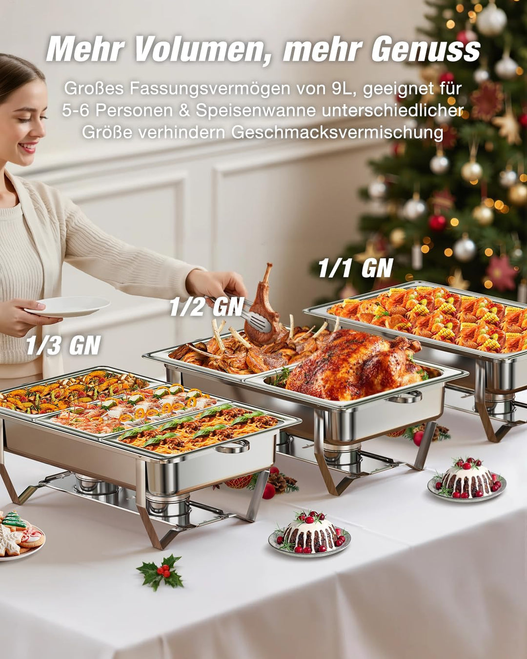 WARMOUNTS Chafing Dish Buffet Set 9L, Edelstahl Speisenwärmer für Catering, Hochglanzpoliert, Klappb