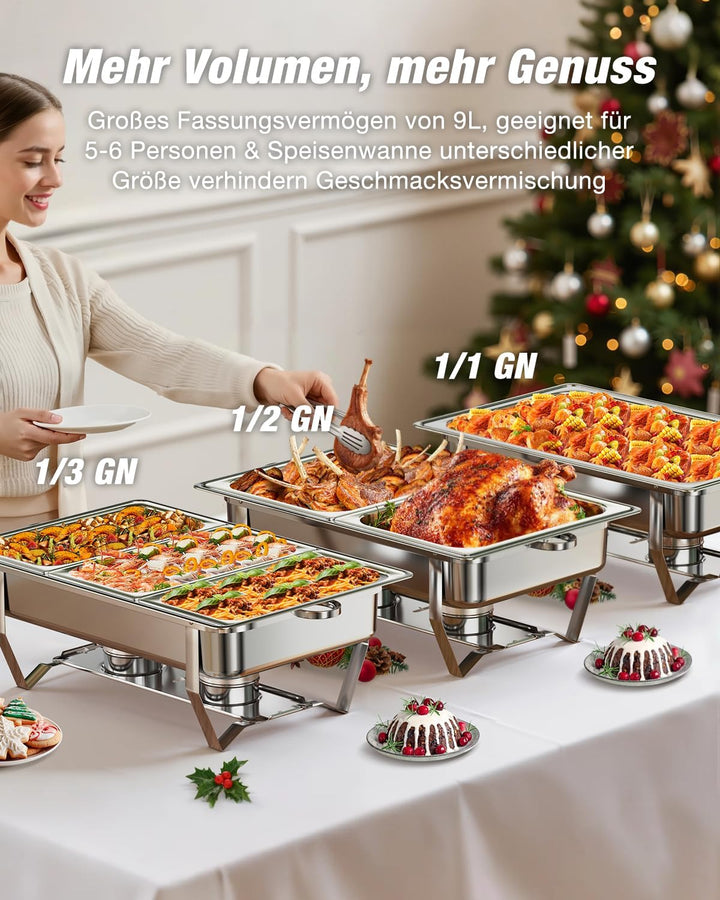 WARMOUNTS Chafing Dish Buffet Set 9L, Edelstahl Speisenwärmer für Catering, Hochglanzpoliert, Klappb