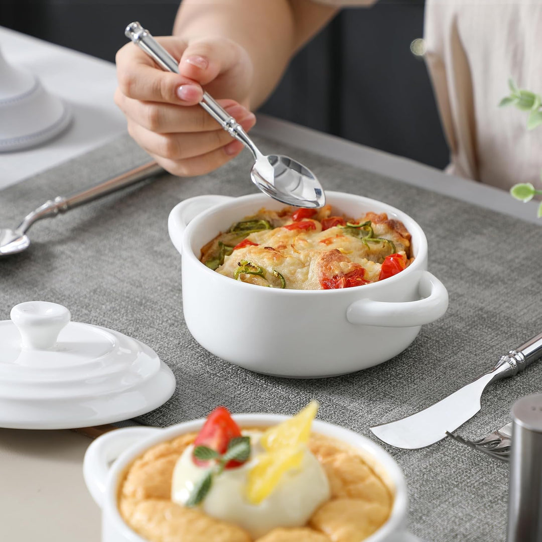 MALACASA Mini Cocotte mit Deckel, 4 Stück Auflaufform Klein aus Porzellan mit Griffen, Kleine Auflau