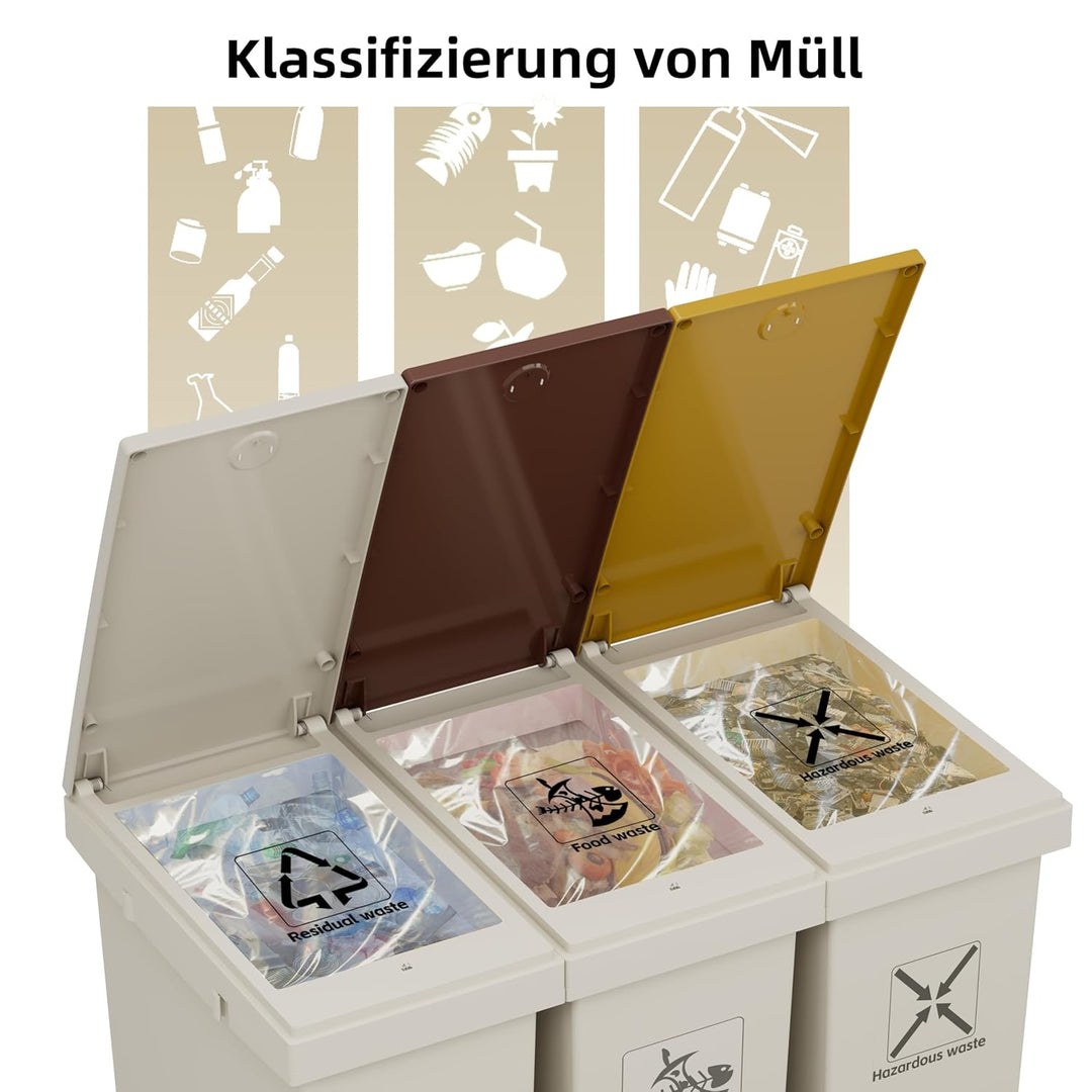 3-er Mülleimer-Set Küche Mülltrennsystem 3x Mülleimer mit Deckel, 3 X 12L, herausnehmbare Recycling-
