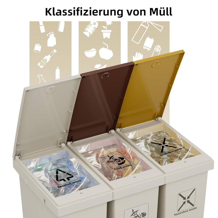 3-er Mülleimer-Set Küche Mülltrennsystem 3x Mülleimer mit Deckel, 3 X 12L, herausnehmbare Recycling-