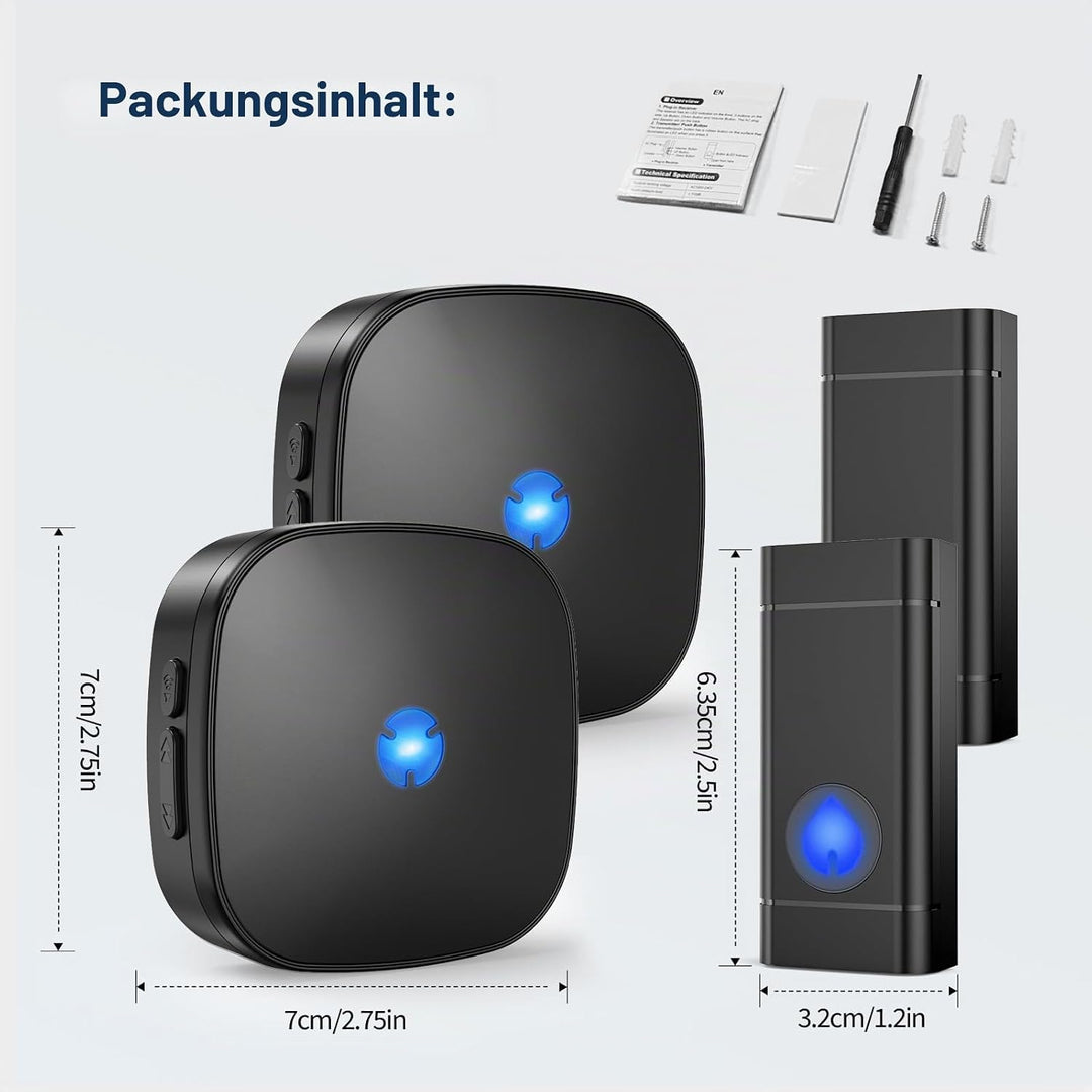 Funkklingel 58 Melodien auf 5 Stufen Volumes mit LED Anzeige（ 2 Empfänger und 2 Sender） Schwarza12,