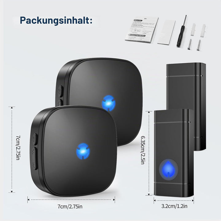 Funkklingel 58 Melodien auf 5 Stufen Volumes mit LED Anzeige（ 2 Empfänger und 2 Sender） Schwarza12,