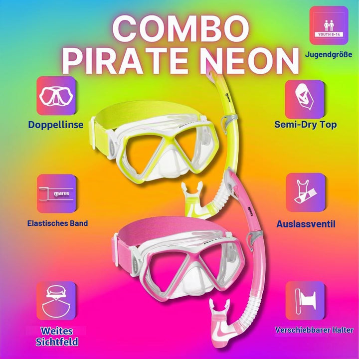 Mares Pirate-Neon Kinder Schnorchelset Tauchbrille und Schnorchel Rosa, Rosa