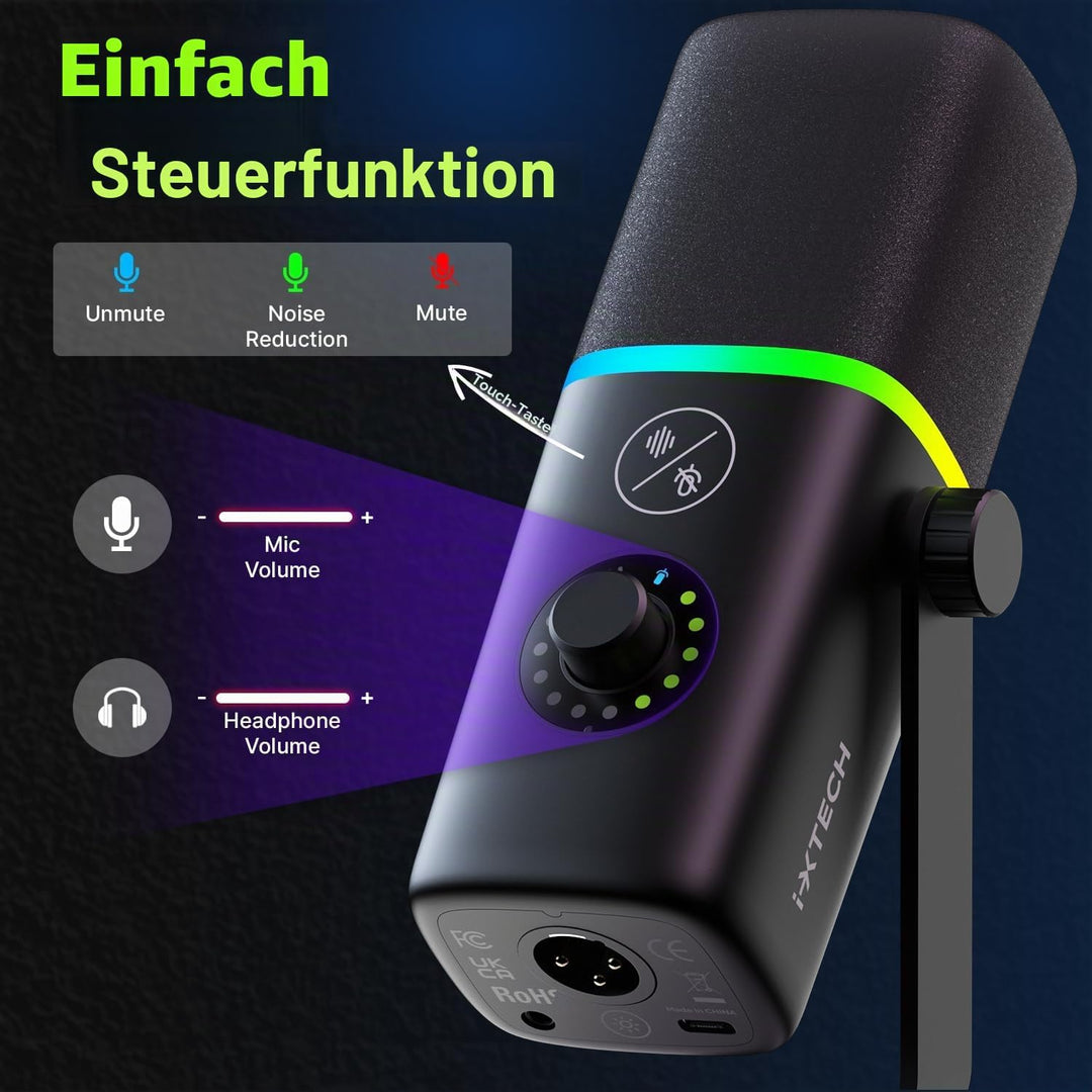 IXTECH Gaming USB Mikrofon für PC, Geräuschunterdrückung, Kondensatormikrofon für Podcasts und Video