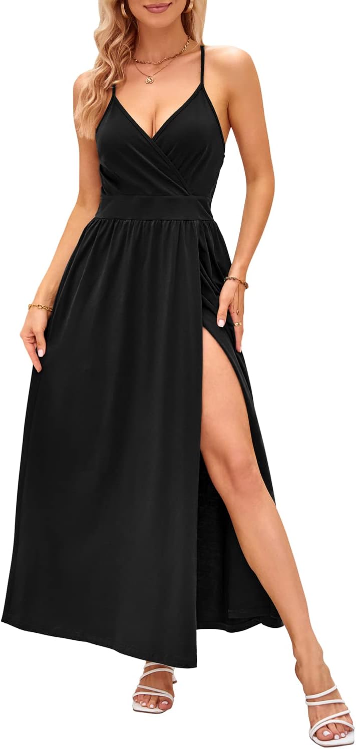 OUGES Damen Sommerkleid V-Ausschnitt Maxikleid Rückenfreies High Waist Spaghetti Strap Freizeitkleid