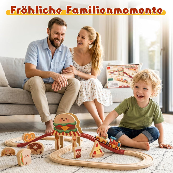 Lehoo Castle Holzeisenbahn Set, Hamburger Holz Eisenbahn Kinder mit Pizza, Burger, Pommes & Zubehör,