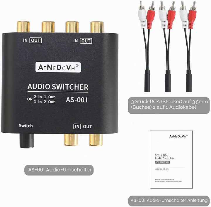 AtNeDcVh RCA / 3,5 mm Port 1 in 2 Out / 2 in 1 Out Bidirektionaler Audio-Umschalter, 2-Wege-Stereo L
