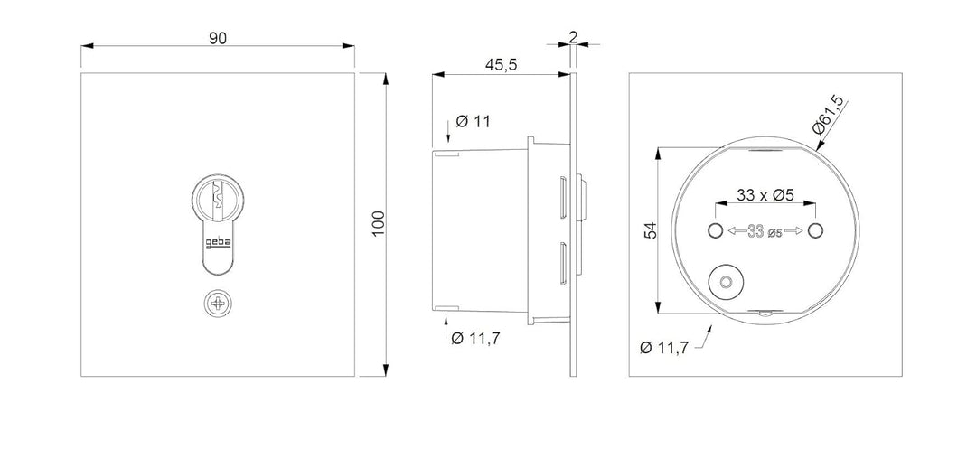 Schlüsseltaster Unterputz geba 2-seitig tastend US 1-2T/1 121.1301.1A, inkl. DIN Profilhalbzylinder