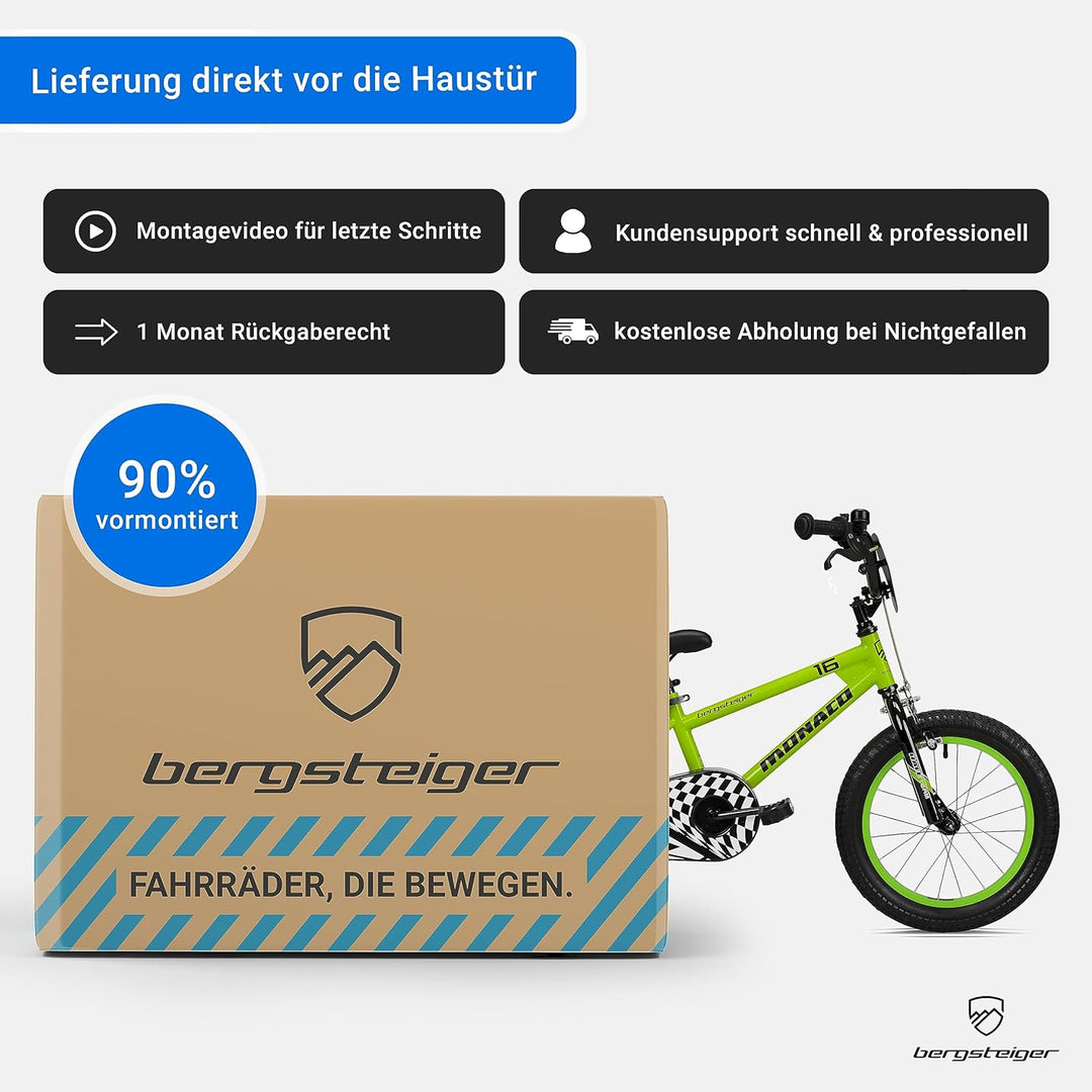 Bergsteiger Monaco 16 Zoll Kinderfahrrad, geeignet für 4, 5, 6 Jahre, BMX, Stützräder, Rücktrittbrem