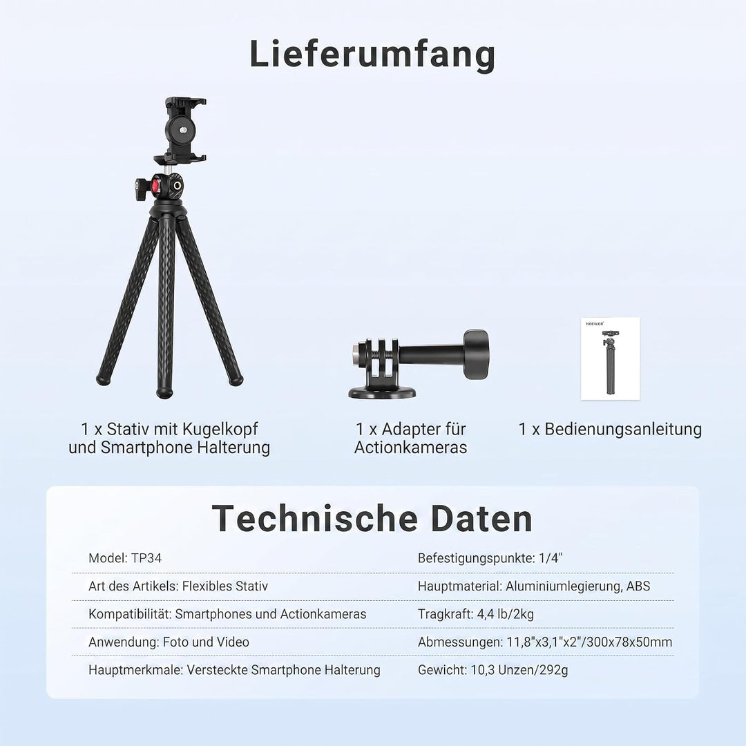 NEEWER Flexibles Handy Stativ, Kleiner Mini Kamera Webcam Tischständer, versteckter Handyhalter und