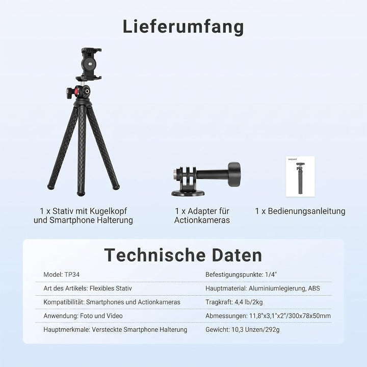 NEEWER Flexibles Handy Stativ, Kleiner Mini Kamera Webcam Tischständer, versteckter Handyhalter und
