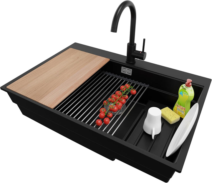 Spülbecken Schwarz 78x53 cm, Granitspüle 1 Becken + Ablauf-Set + Küchenarmatur, Küchenspüle ab 80er