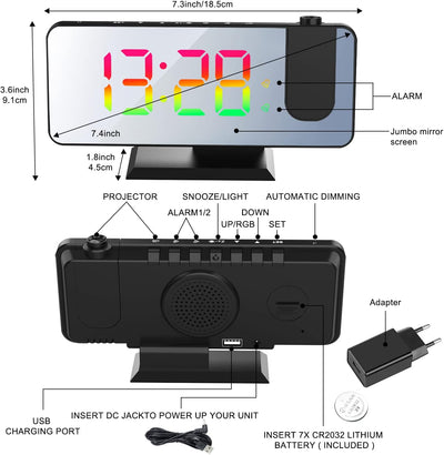 Exmate Projektionswecker, Digital Wecker mit Projektion, USB-Ladeanschluss, 7.5'' Dynamischer RGB-Sp