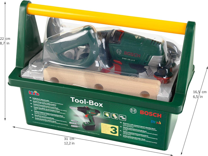 Theo Klein 8520 Bosch Werkzeug-Box | Mit Werkzeug und Zubehör| Inkl. batteriebetriebenem Akkuschraub