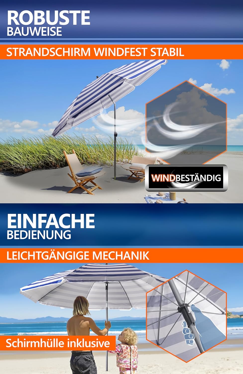 4smile Strandschirm SunnyJoy, Ø 180 cm Blau-Weiss - UPF 50+ Sonnenschirm Strand mit Hülle, Sonnensch