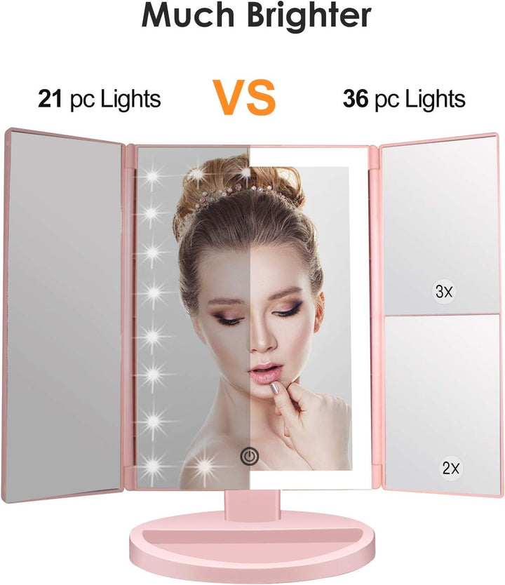WEILY beleuchteter Kosmetikspiegel 1x / 2X / 3X Vergrösserungs-Trifold mit 36 LED-Lichtern, Touchscr