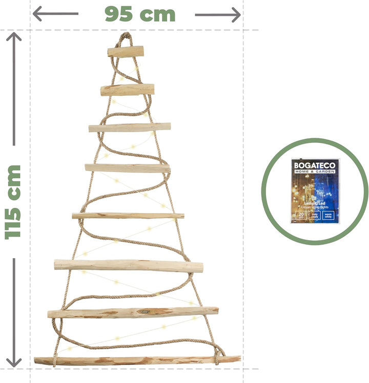 BOGATECO Handgemacht Weihnachtsbaum 95 cm hoch, aus Haselnussholz | Deko Anhänger | mit 200 cm LED-L