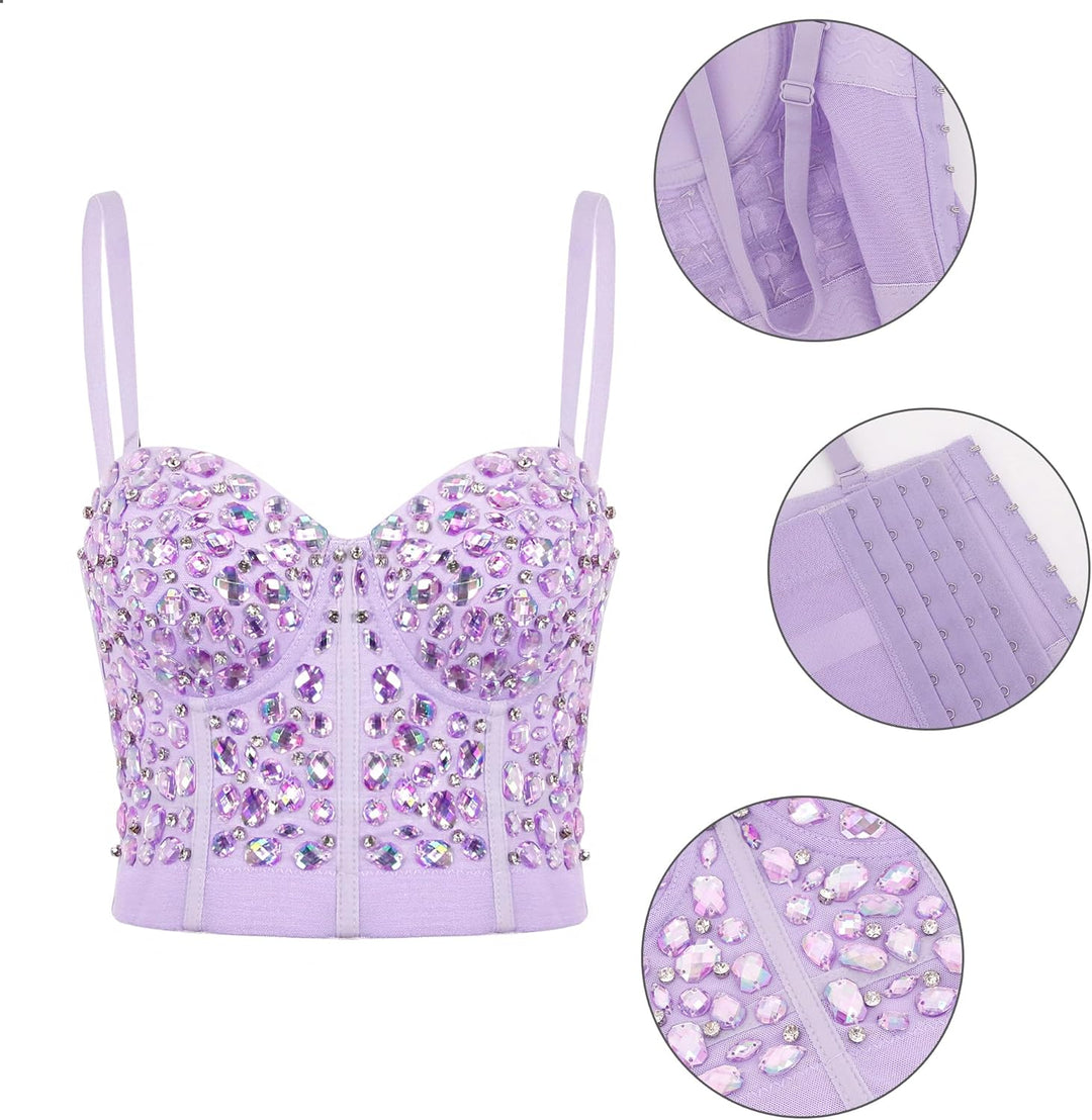 Naimo Damen Sexy Strass Bustier Push Up Crop Top Korsett BH Glitzer Kristall Tank Top Cami Weste Par