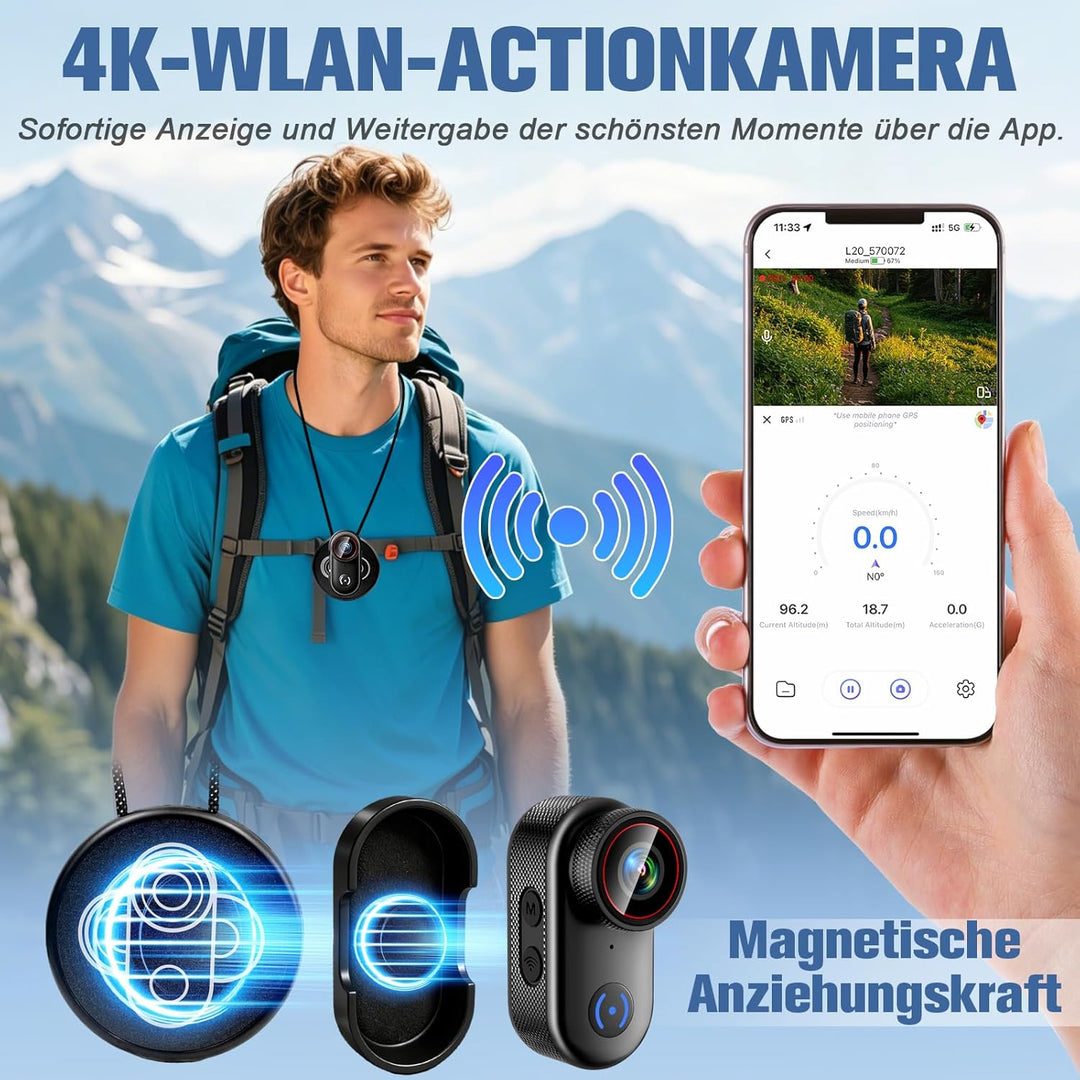 LXMIMI Action Kamera WiFi 4k, Magnetische Mini Action Kamera mit 1,47 Zoll Display, 16G WiFi Action