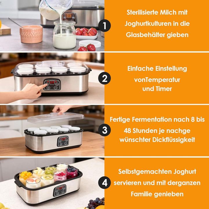Dreamhigh® Elektrische Joghurtbereiter, Griechische Joghurtmaschine mit 8 Glasbehälter à 180 ml, Jog
