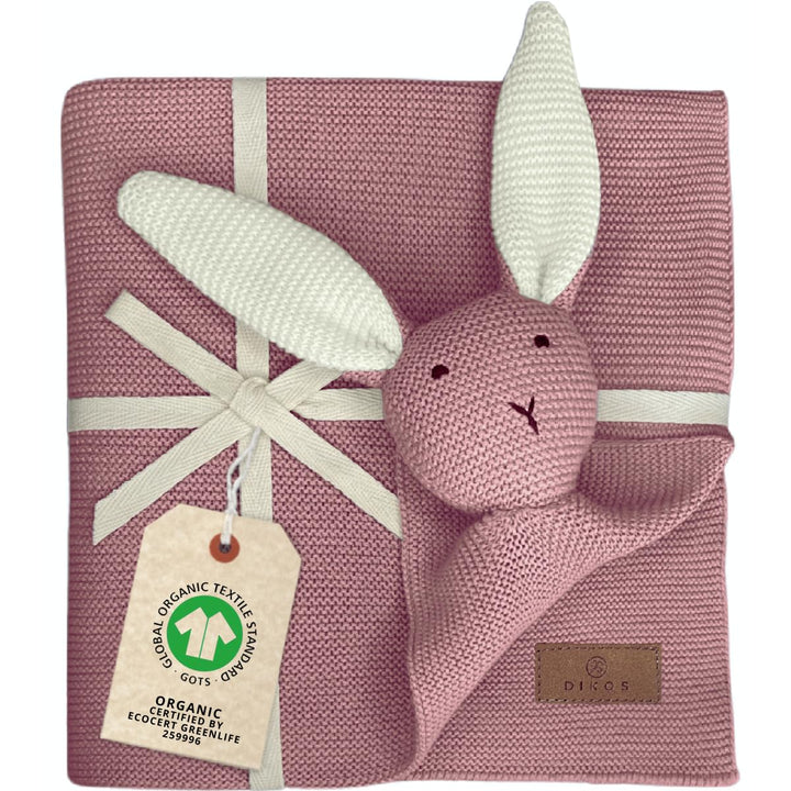 DIKOS® Original Babydecke SCHMUSE-HASE Beere GOTS Bio Baumwolle Neugeborenen Decke mit Kuscheltier B