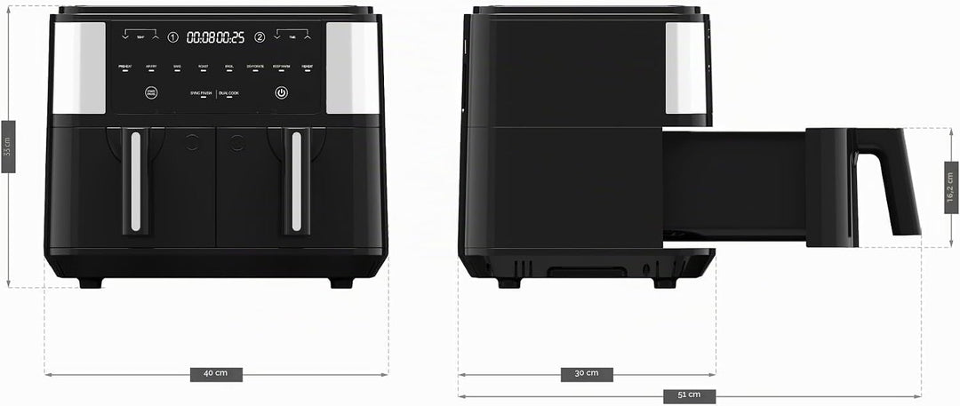 VERTENZ Taste 90 | Heissluftfritteuse Airfryer 9L in Zwei Körben Doppelkammer | 8 Automatische Menüs