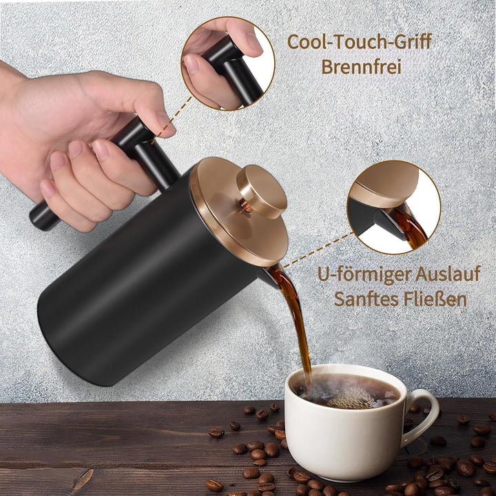 Edelstahl French Press Kaffeepresse 600ml, doppelwandige isolierte French Press, für Kaffee und Tee,