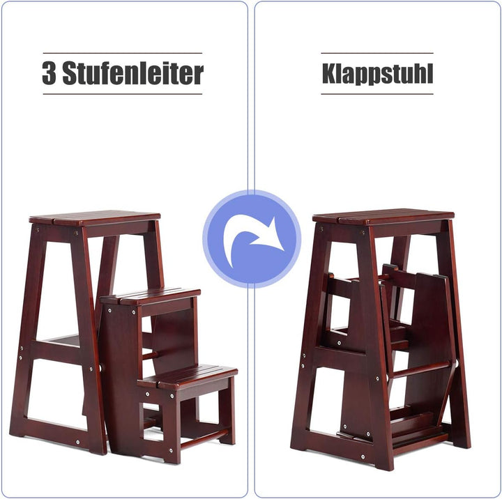 GOPLUS Leiterstuhl 3 Stufen, Tritthocker Klappbar, Hockerleiter aus Kiefernholz, Trittleiter Haushal