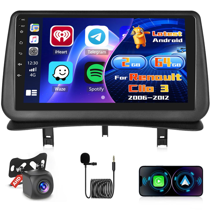 Radio für Renault Clio 3 2006-2012 Android 15 2+64G mit Wireless CarPlay Android Auto, 9 Zoll Bildsc