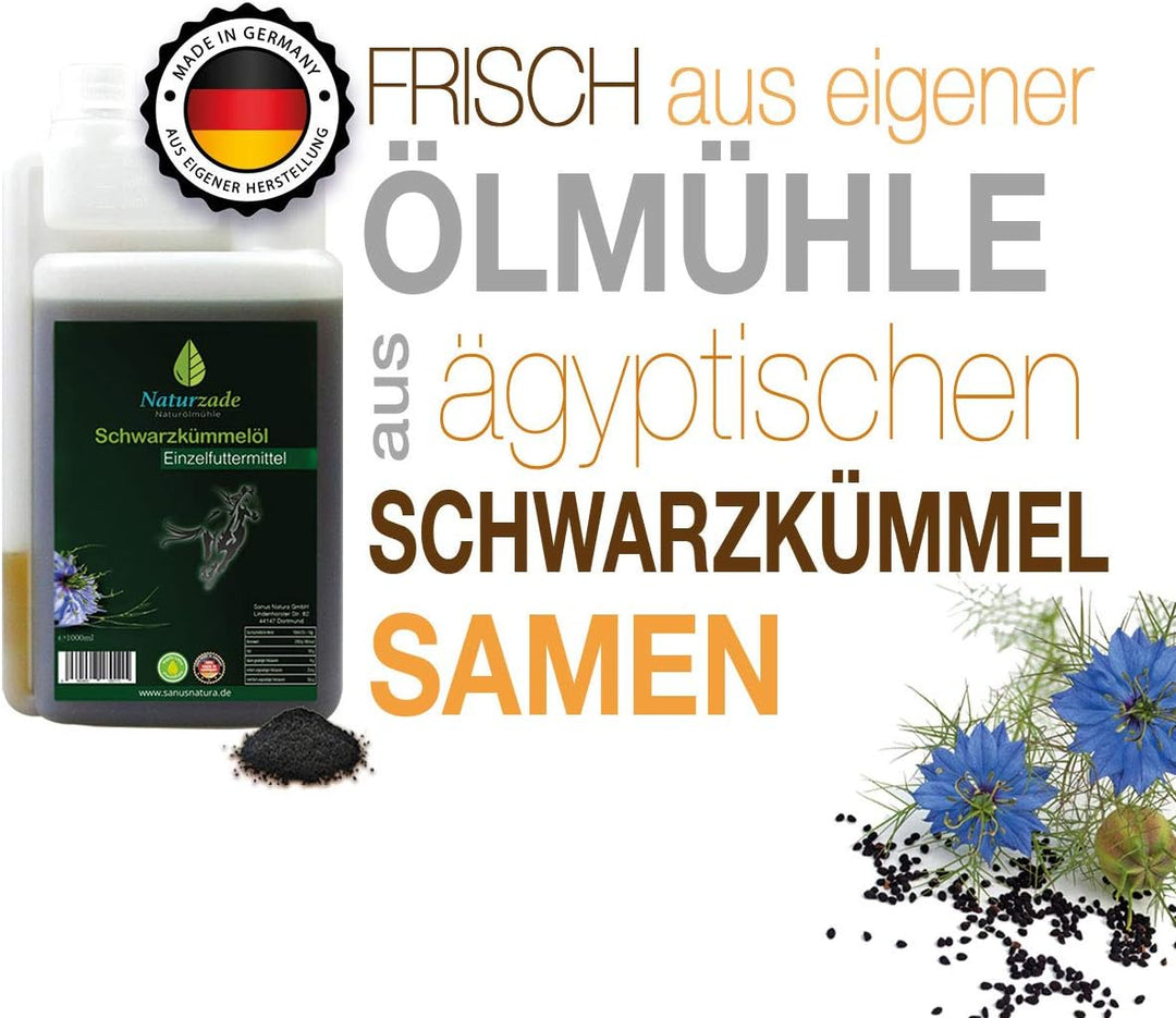 Naturzade Schwarzkümmelöl für Pferde &amp; Hunde, 2 Liter ( 2 x 1 Liter ) Dosierflasche, kaltgepresst mü