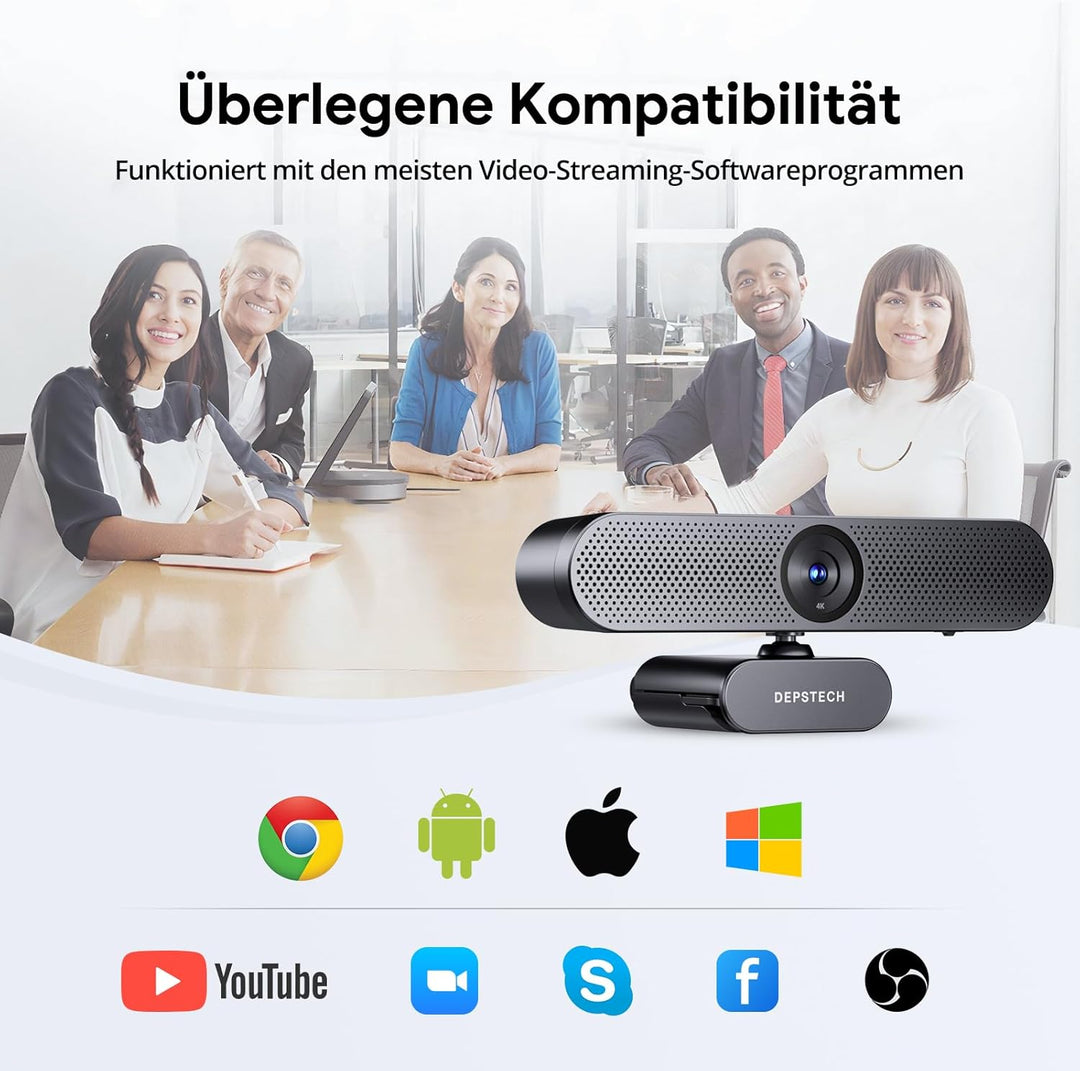 DEPSTECH DW50 Pro Webcam 4K, Ultra HD mit Mikrofon, 3-facher Zoom, 1/2.55 Sony Sensor, Duale Mics mi