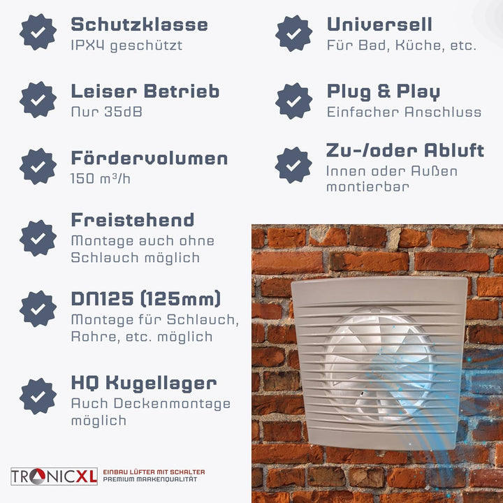 230V Badlüfter mit Kabel Schalter und Stecker IPX4 125mm Abluft/Zuluft Lüfter Ventilator mit Netzste