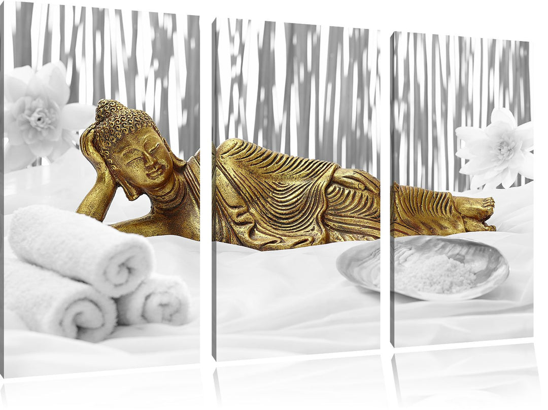 Pixxprint Goldener Buddha auf Handtuch als Leinwandbild/Grösse: 3 Teilig (120x80) cm/Wandbild/Kunstd