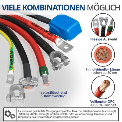 EBROM Batteriekabel mit Polklemme (+) Anschluss rechts, 25 mm² rot, fertig konfektioniert, ab 30 cm