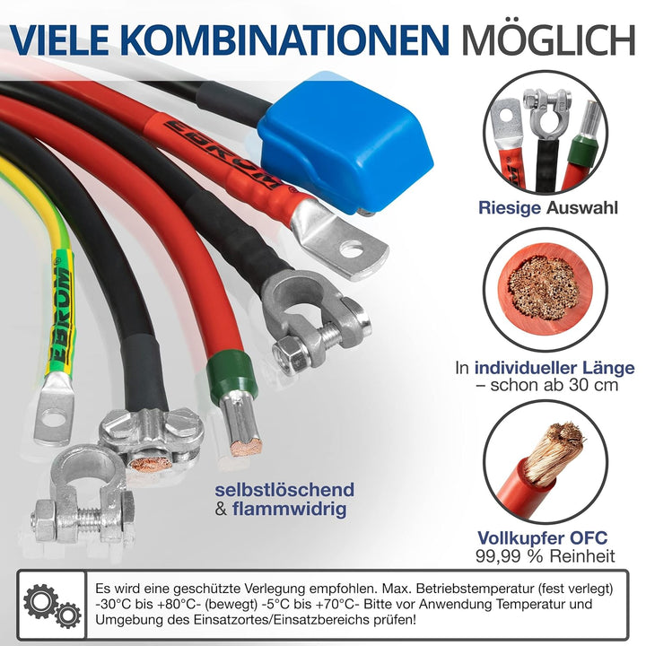EBROM Batteriekabel PLUS Kabel ROT 12V/24V/36V/48V, 50 mm² Vollkupfer, von 30 cm bis 10 m, Ringösen