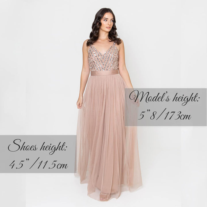 Maya Deluxe Damen Maxi Abendkleid Elegant für Hochzeit mit V-Ausschnitt Tüllkleid Schleife Brautjung