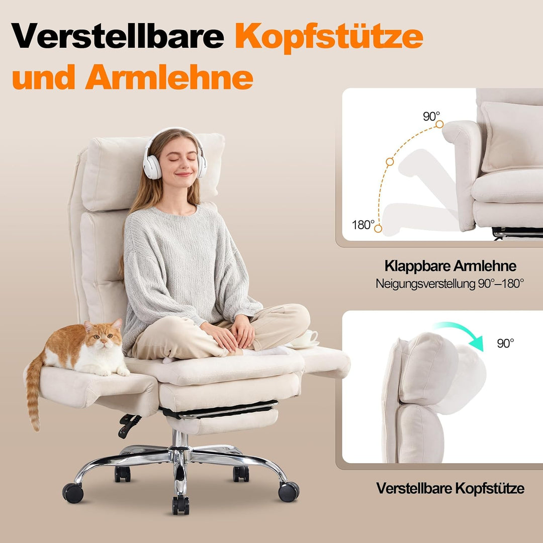 UEV Bürostuhl Ergonomisch mit Fussstütze bis 226kg,klappbare Armlehnen/Dicker Sitzpolsterung/Verstel