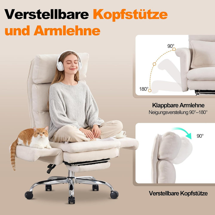 UEV Bürostuhl Ergonomisch mit Fussstütze bis 226kg,klappbare Armlehnen/Dicker Sitzpolsterung/Verstel