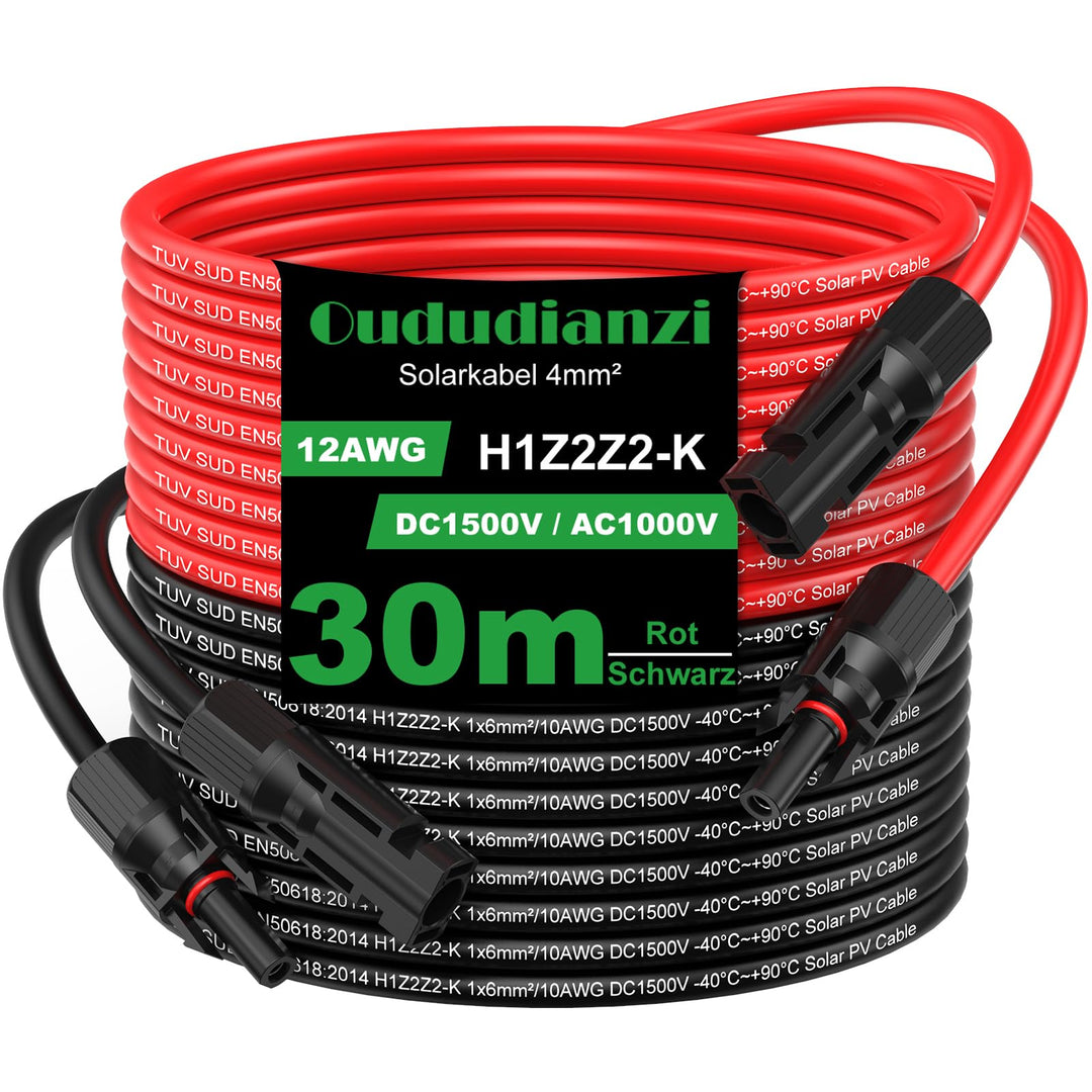 Oududianzi 2x30m Solarkabel 4mm2, Solarkabel Verlängerung 30m, PV Kabel 4mm2, Photovoltaik Kabel, So