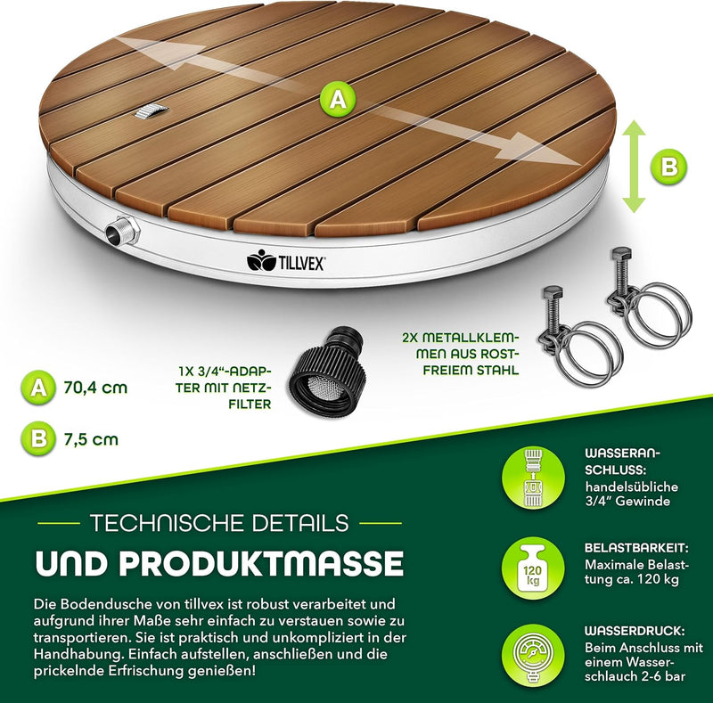 tillvex® Gartendusche Outdoor bis 4 m Fontänenhöhe | Bodendusche rund mit Fussrad | Aussendusche rut