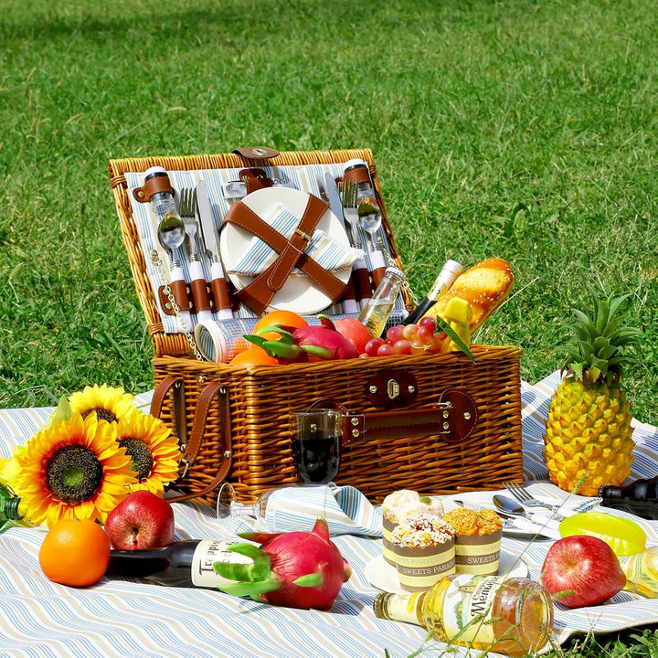 Picknickkorb Set für 4 Person mit Kühlfach und wasserdichte Picknickdecke, Abnehmbarer Riemen, Beste