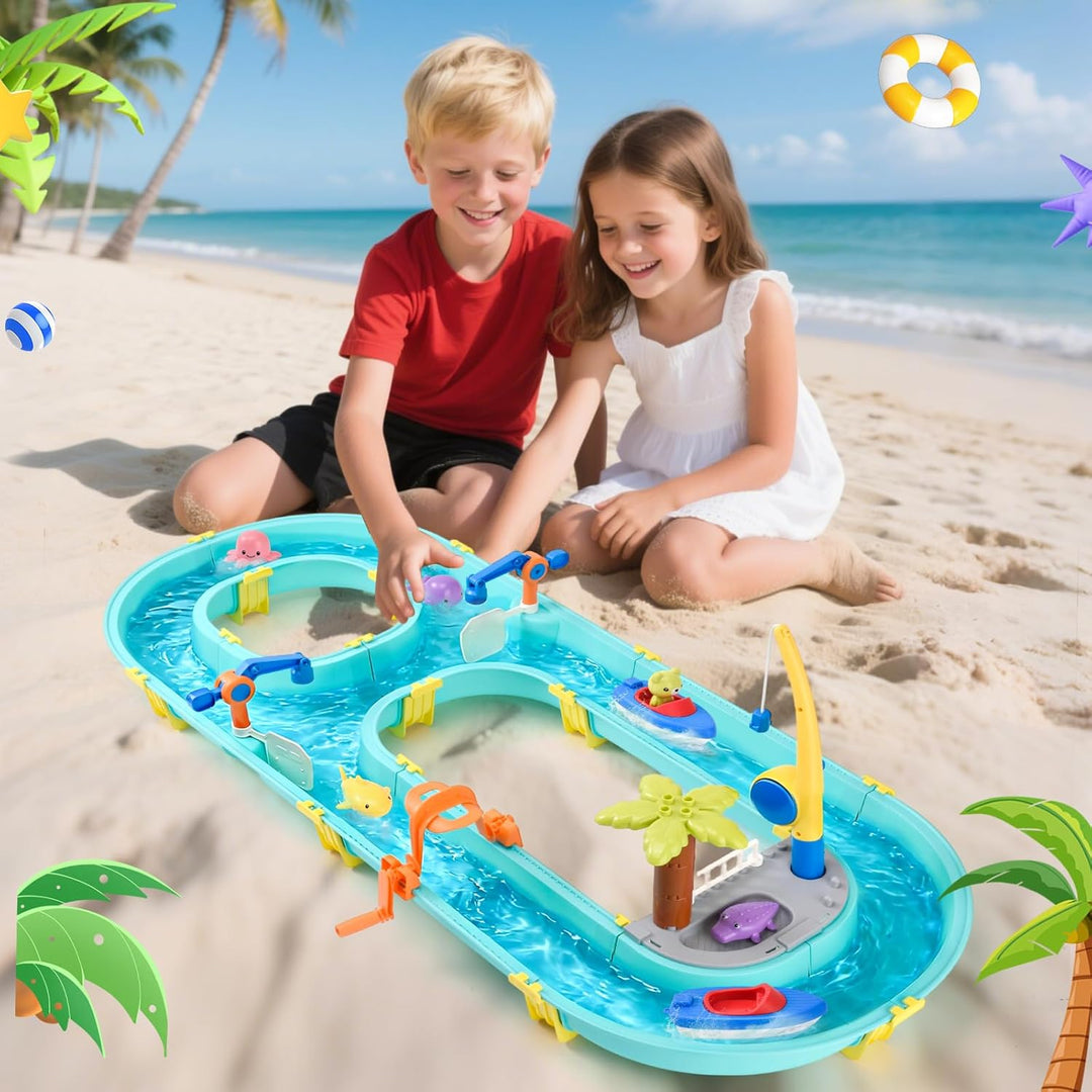Wasserspielzeug mit Wasserbahn, 58 Teile Wasserbahn Kinder Draussen - Wassertisch Kinder mit Booten,