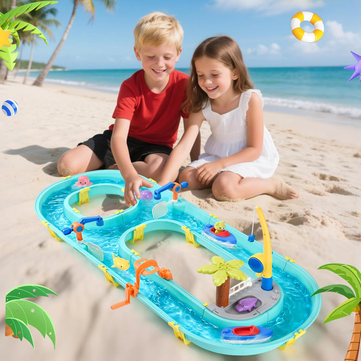 Wasserspielzeug mit Wasserbahn, 58 Teile Wasserbahn Kinder Draussen - Wassertisch Kinder mit Booten,