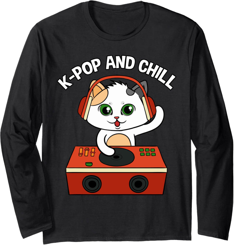 K-Pop And Chill Party DJ Kopfhörer Katze Koreanische Musik Langarmshirt