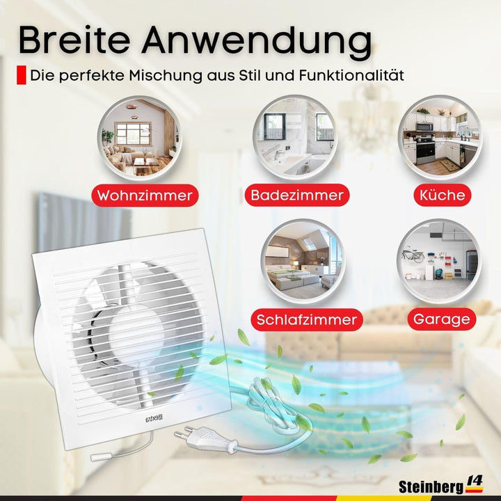 Steinberg14 Badlüfter Ø 150mm Weiss mit Zugschnur und Stecker - Abluftventilator Ventilator Lüfter B