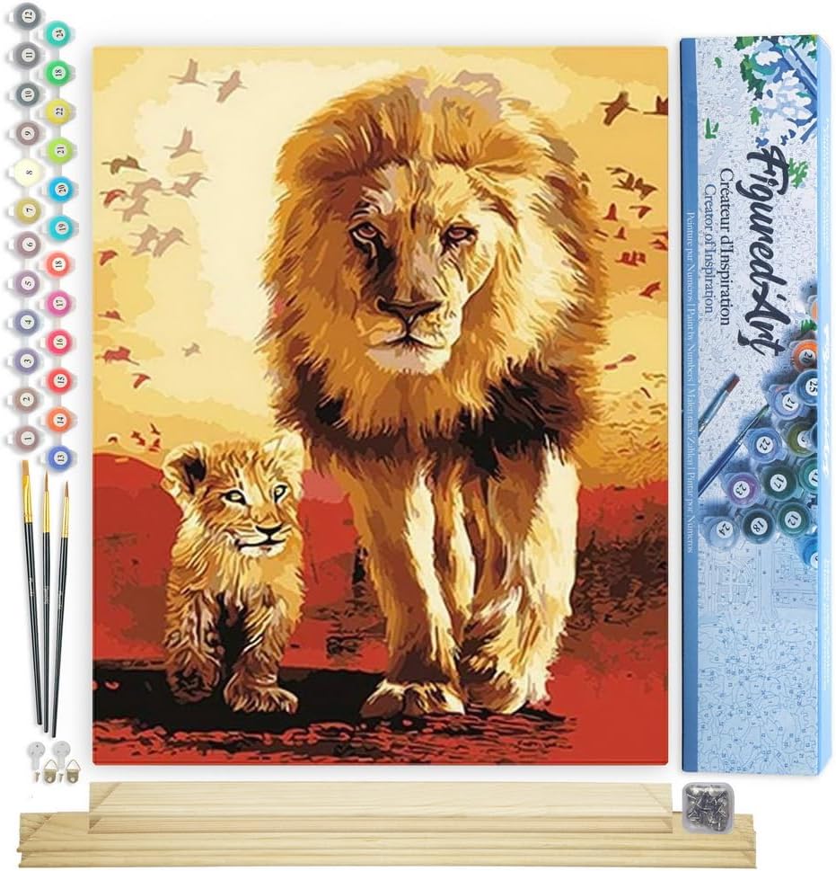 Figured'Art Malen Nach Zahlen Erwachsene Mit Rahmen Löwe und sein Junges - Paint by Numbers Basteln