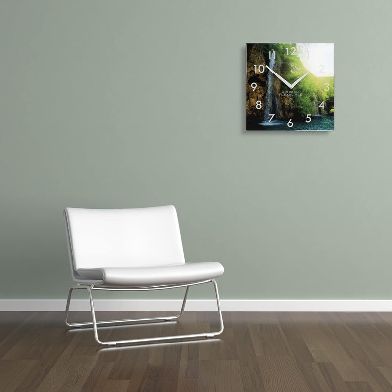 FLEXISTYLE Wanduhr küche Wohnzimmer 30 x 30 cm, aus Glas, mit Direktdruck eckig modern (Wasserfall),