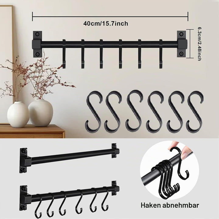 Smallboutique Schwarzer Aluminium-Utensilienhalter, Küchenregal zur Wandmontage, Küchenschienen-Pfan